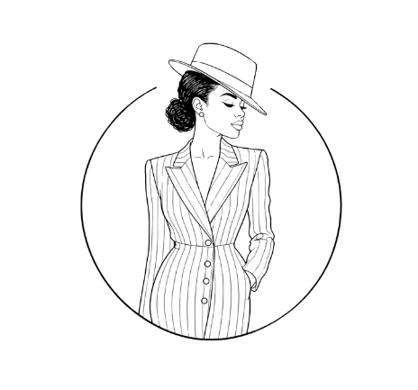 line drawing logo for Introvert stylist of an African-American woman with her hair in a bun with a tilted fedora on her head in a striped blazer dress.