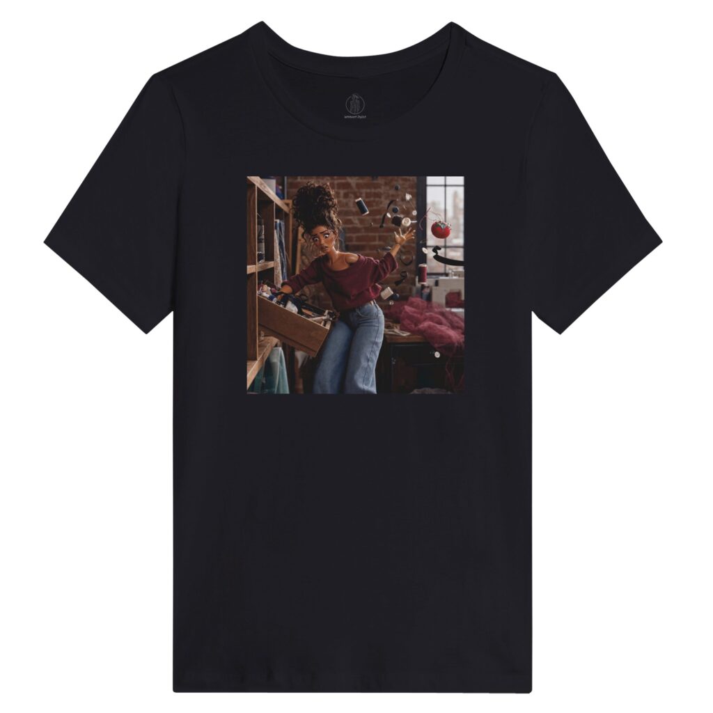 Illustrated fashion doll Julissa frantically searching a sewing room drawer for a seam ripper while notions fly everywhere — funny sewing t-shirt from the Introvert Stylist Julissa Collection