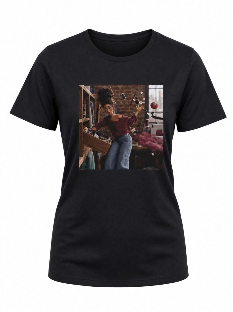 Illustrated fashion doll Julissa frantically searching a sewing room drawer while notions fly everywhere — funny sewing t-shirt from the Introvert Stylist Julissa Collection