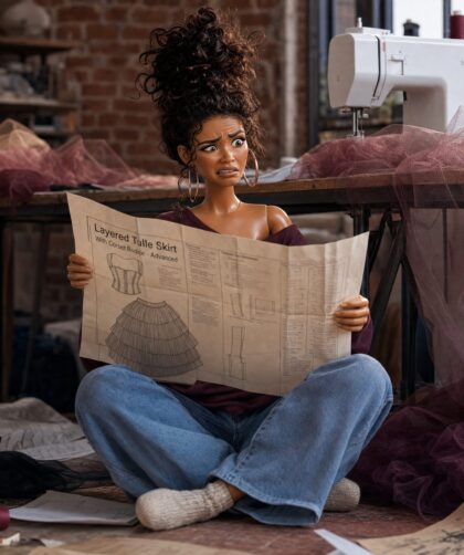 Illustrated fashion doll Julissa sitting on the floor of a sewing studio holding open a large sewing pattern with a confused expression — from the Introvert Stylist Julissa Collection