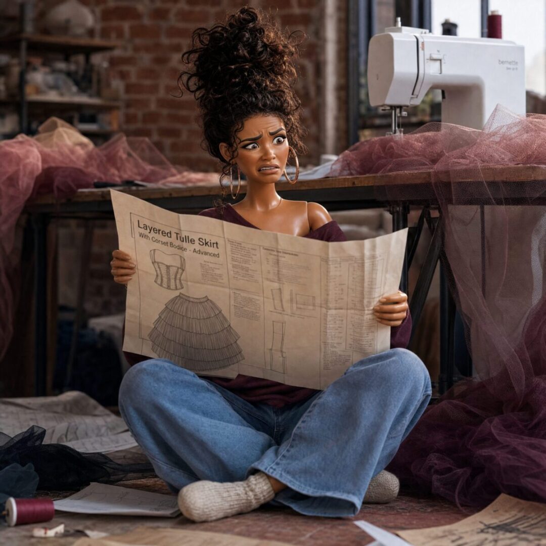 Illustrated fashion doll Julissa sitting on the floor of a sewing studio holding open a large sewing pattern with a confused expression — from the Introvert Stylist Julissa Collection