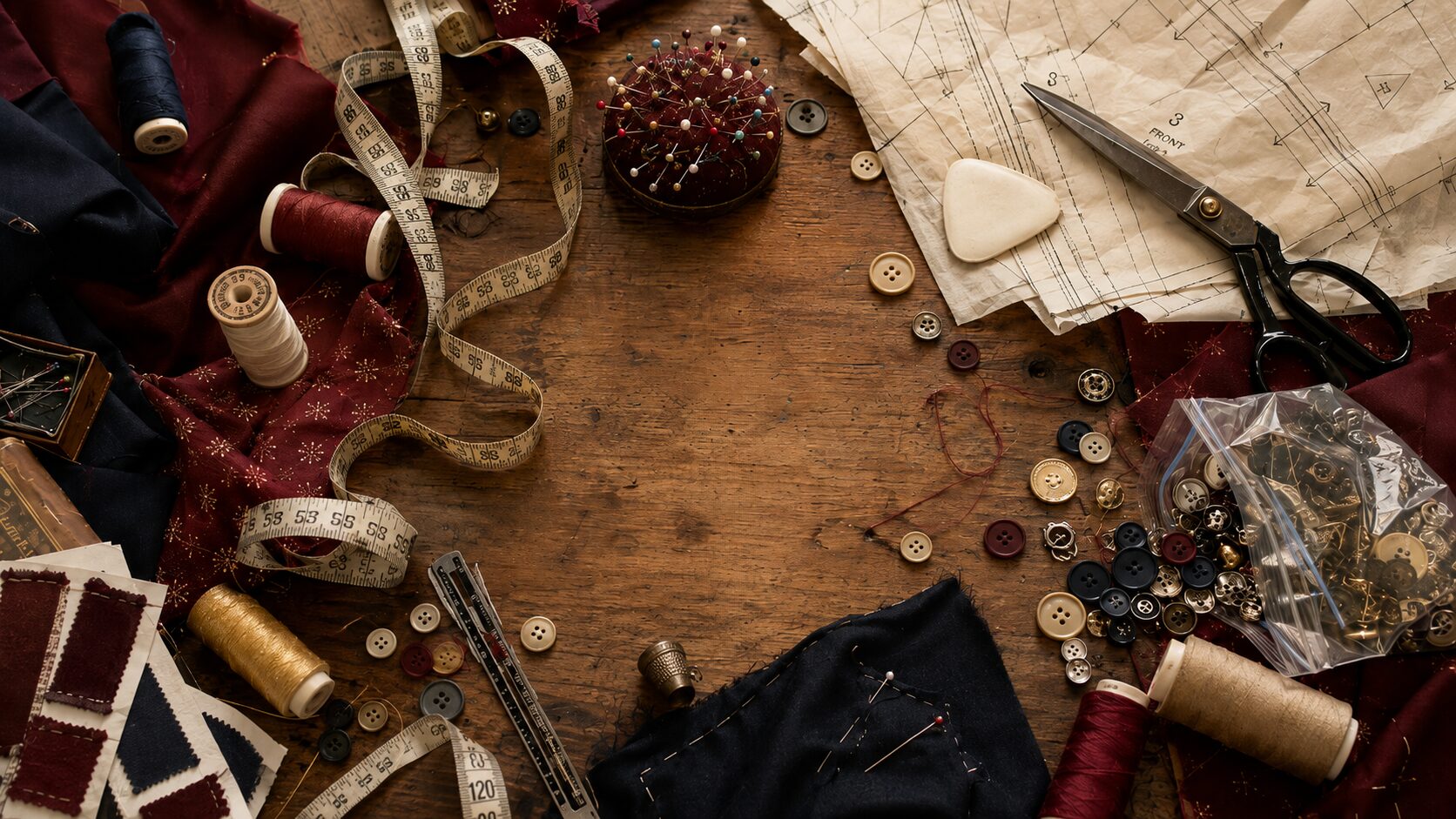 A flat lay of sewing notions scattered across a worn wooden table — thread spools, buttons, scissors, measuring tape, pin cushion, and pattern tissue paper — with one conspicuous empty space where the seam ripper should be.